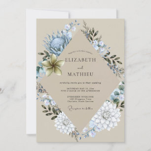 Convite Casamento com Coroa de Vinca Azul Champanhe Dourad