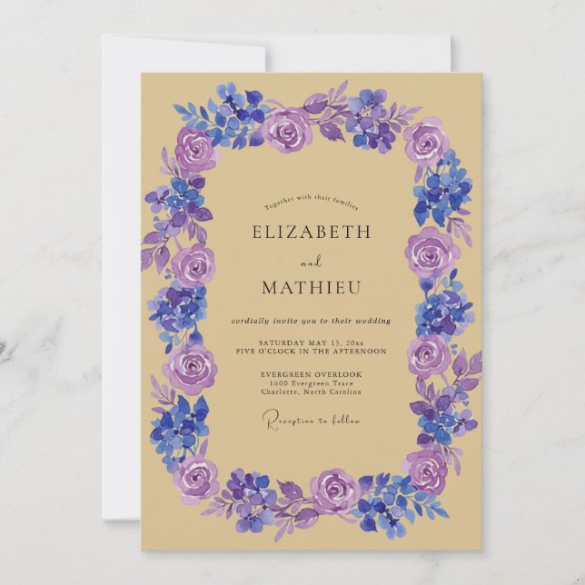 Convite Casamento com Coroa de Violetas e Periwinkle (Frente)