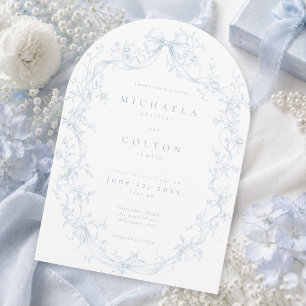 Convite Casamento com Coroa Floral Clássica Vintage em Azu