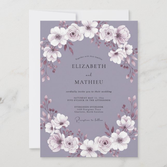 Convite Casamento com Coroa Floral de Lilás (Frente)