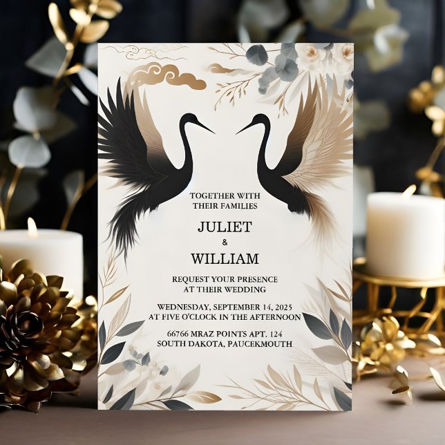 Convite Casamento com Crane de Nuvem na Ásia rustica da pe (Criador carregado)