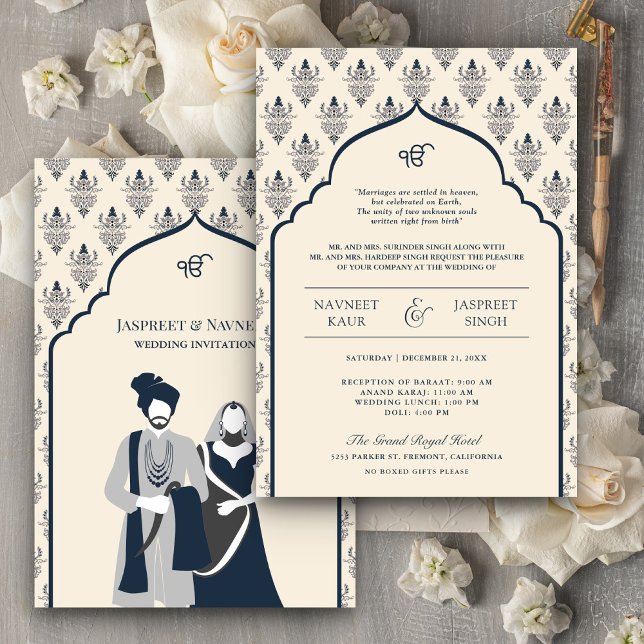 Convite Casamento com Cream Marinho Blue Punjabi Anand Kar (Criador carregado)