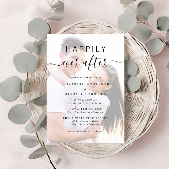 Convite Casamento com Creme de Foto em Script Chic (A chic Happily Ever After Photo Wedding Invitation)