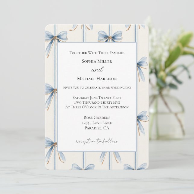 Convite Casamento com Creme de Laços Azuis (Em pé/Frente)