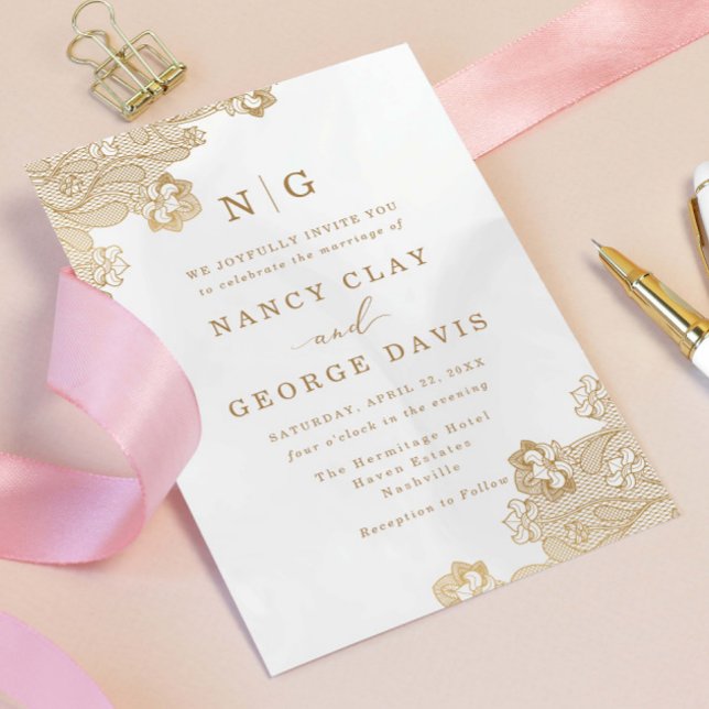 Convite Casamento com Creme de Ornamentado Dourado Monogra (Criador carregado)