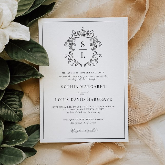 Convite Casamento com Crest Monograma Barroco Formal Elega (Criador carregado)
