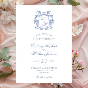 Convite Casamento com Crista de Monograma Azul Elegante Po