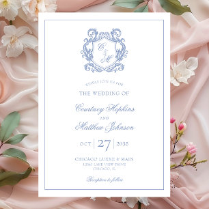 Convite Casamento com Crista de Monograma Azul Elegante Po