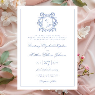 Convite Casamento com Crista de Monograma Azul Elegante Po
