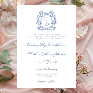 Convite Casamento com Crista de Monograma Azul Elegante Po