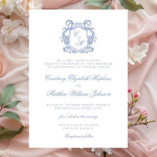 Convite Casamento com Crista de Monograma Azul Elegante Po