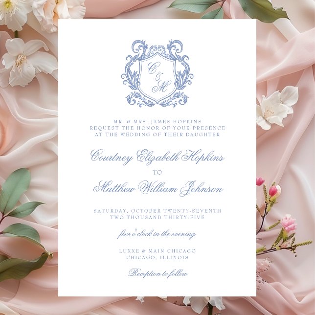 Convite Casamento com Crista de Monograma Azul Elegante Po (Criador carregado)