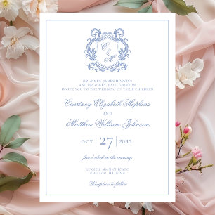 Convite Casamento com Crista de Monograma Azul Elegante Po