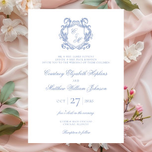 Convite Casamento com Crista de Monograma Azul Elegante Po