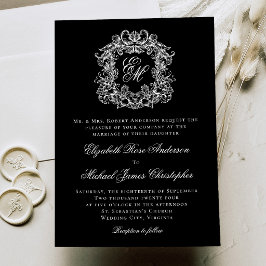 Convite Casamento com Crista de Monograma Elegante Preto e