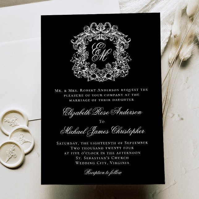 Convite Casamento com Crista de Monograma Elegante Preto e (Criador carregado)