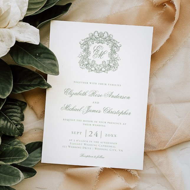 Convite Casamento com Crista de Monograma Verde Sage Elega (Criador carregado)