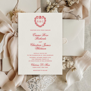Convite Casamento com Crista de Monograma Vermelho Românti