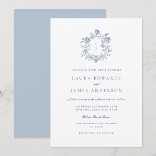 Convite Casamento com Crista Floral Azul Elegante e Listra