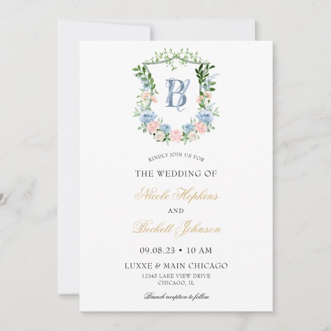 Convite Casamento com Crista Floral Azul Empoeirado (Frente)