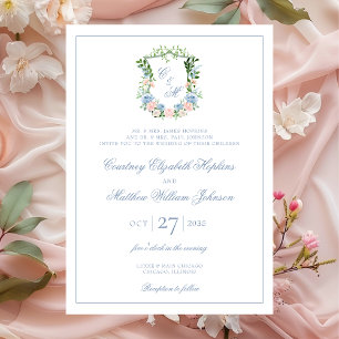 Convite Casamento com Crista Floral Azul Empoeirado