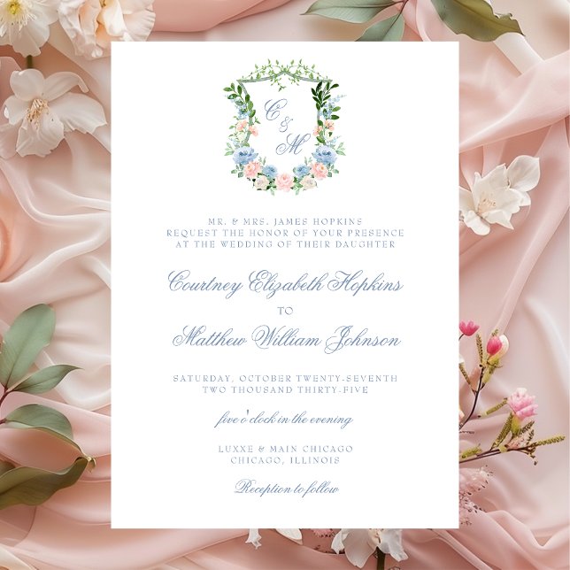 Convite Casamento com Crista Floral Azul Empoeirado (Criador carregado)