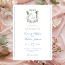 Casamento com Crista Floral Azul Empoeirado