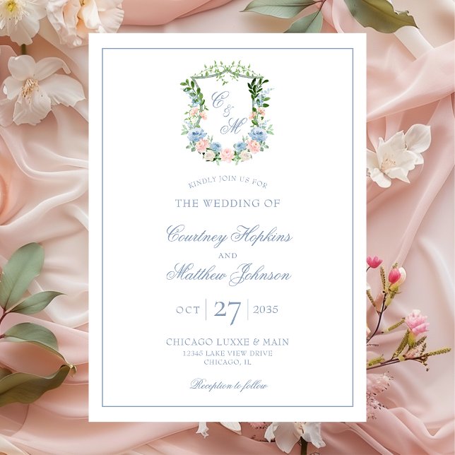 Convite Casamento com Crista Floral Azul Empoeirado (Criador carregado)
