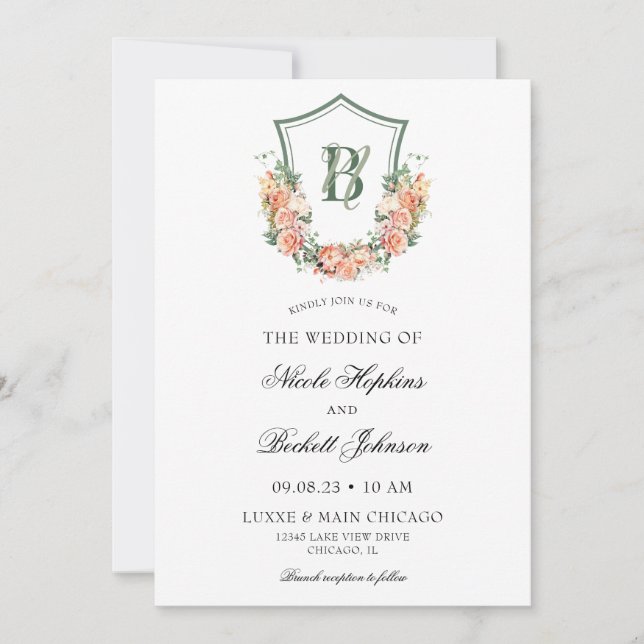 Convite Casamento com Crista Floral de Pêssego (Frente)