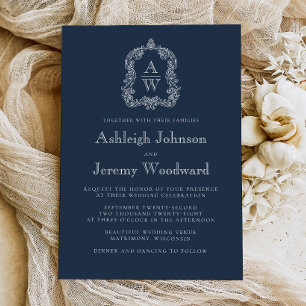 Convite Casamento com Crista Monograma Azul Marinho Clássi