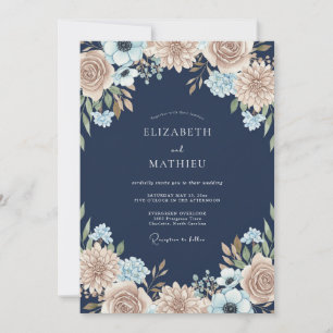 Convite Casamento com Dahlia Champanhe Azul-Marinho