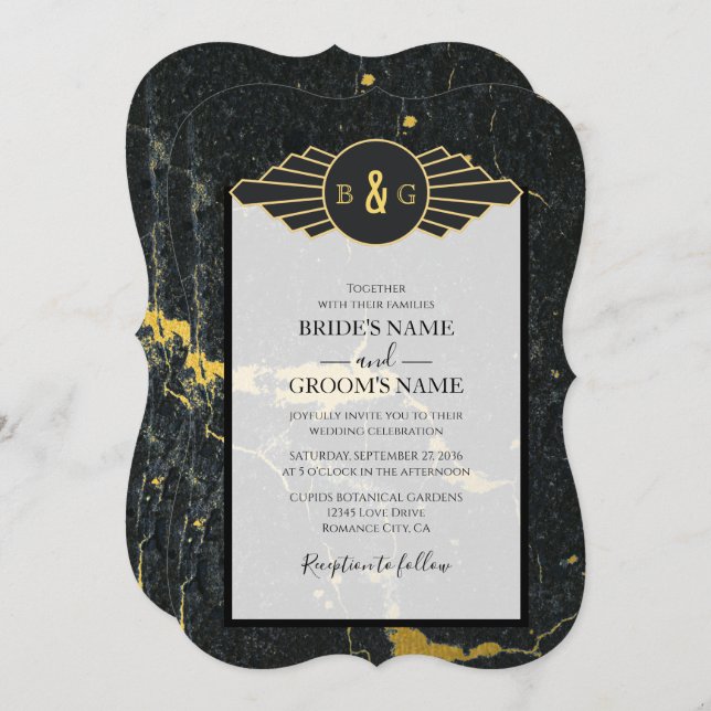 Convite Casamento com Deco de Arte Marble Dourada Preta (Frente/Verso)