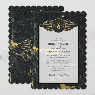 Convite Casamento com Deco de Arte Marble Dourada Preta