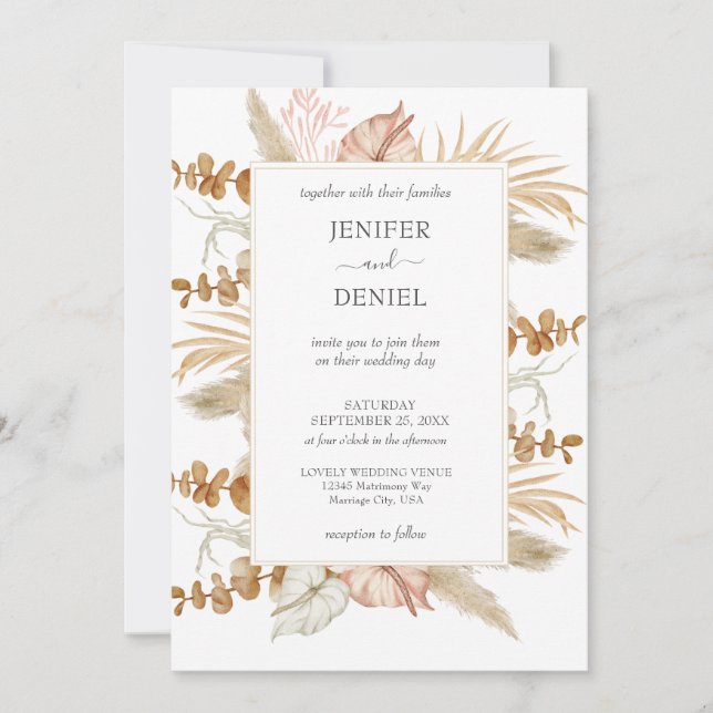 Convite Casamento com Decoração de Flor de Palma e Pampas  (Frente)