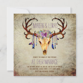 Convite Casamento com Deer Antler Skull Rustic Country