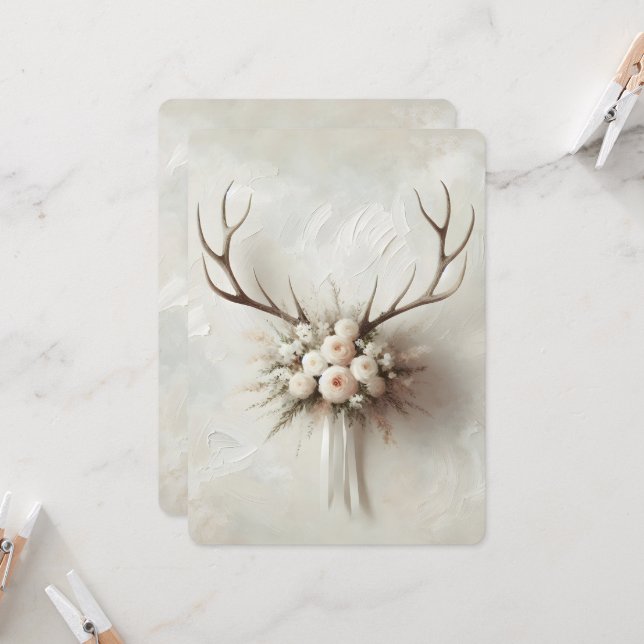 Convite Casamento com Deer Antlers com Buquê Bridal (Frente/Verso In Situ)