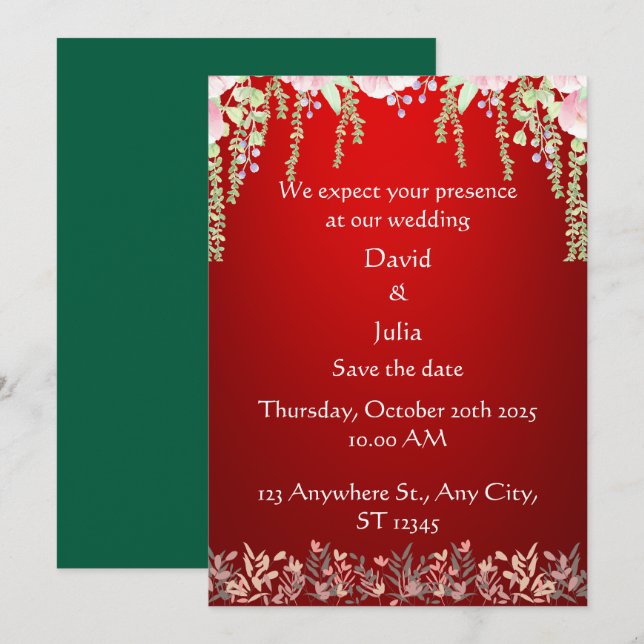 Convite Casamento com Design de Arte Floral Vermelha Elega (Frente/Verso)