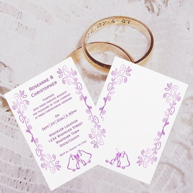 Convite Casamento com Design de Rolagem de Bells Roxos (Purple wedding invitation bells and scrollwork design)