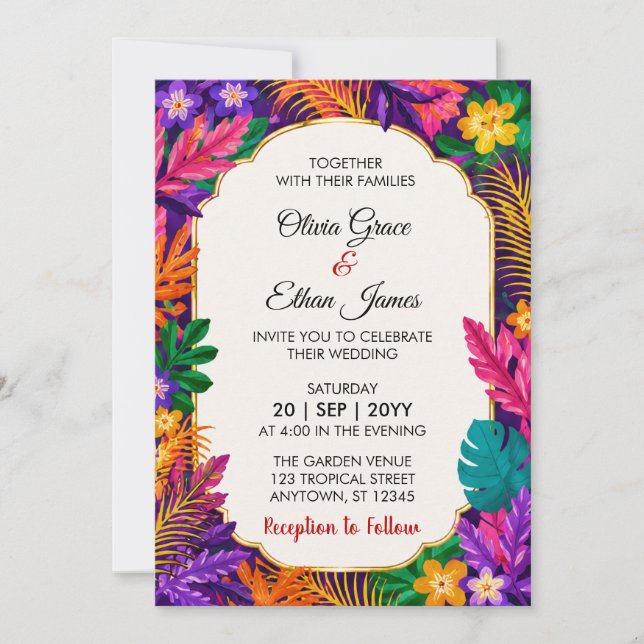 Convite Casamento com Design Floral de Folhas Tropicais (Frente)
