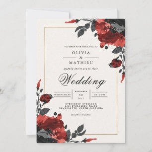 Convite Casamento com Destaque Floral Vermelho Profundo