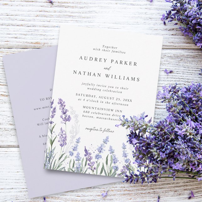 Convite Casamento com detalhes de campo de lavanda em aqua (Elegant Watercolor Lavender Field Details Wedding Invitation)