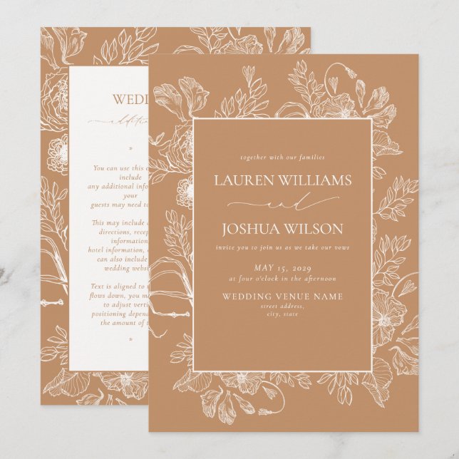 Convite Casamento com Detalhes em Arte Linear Floral de Te (Frente/Verso)