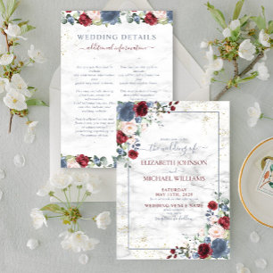 Convite Casamento com Detalhes Florais em Azul, Borgonha e