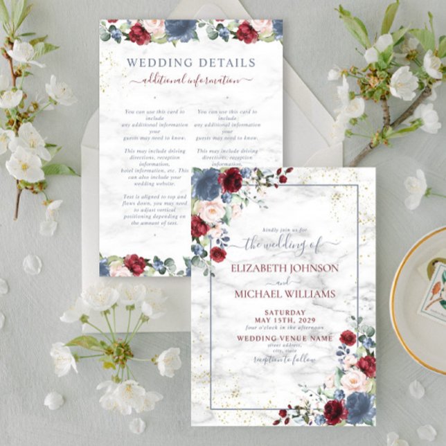 Convite Casamento com Detalhes Florais em Azul, Borgonha e (Criador carregado)