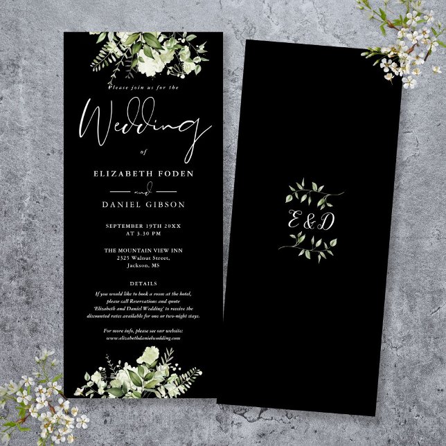 Convite Casamento com detalhes florais verdes e preto e br (Greenery Floral Black And White Details Wedding Invitation)