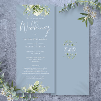 Convite Casamento com Detalhes Florais Verdes Poeira Azul