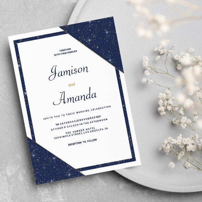 Convite Casamento com dourado branco azul-marinho geométri (Geometric navy blue white gold glitter Wedding)