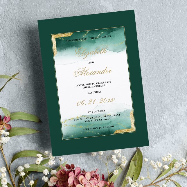Convite Casamento com dourado branco-verde-escuro (Dark green white watercolor gold glitter wedding )