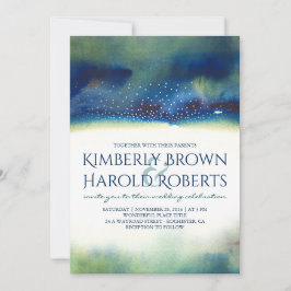 Convite Casamento com Dourado e Teal Dots Modern Watercolo