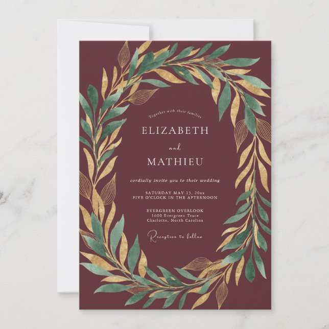 Convite Casamento com Dourado, Louro e Eucalipto Marrom (Frente)
